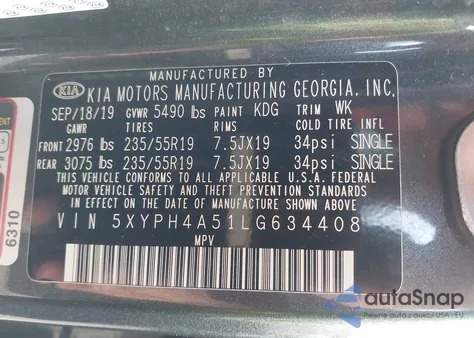 2020 Kia Sorento 3.3L Ex from USA, damaged, VIN 5XYPH4A51LG634408